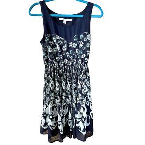 LC Lauren Conrad Pleated Floral Print Sleeveless Short Dress Navy Blue 4